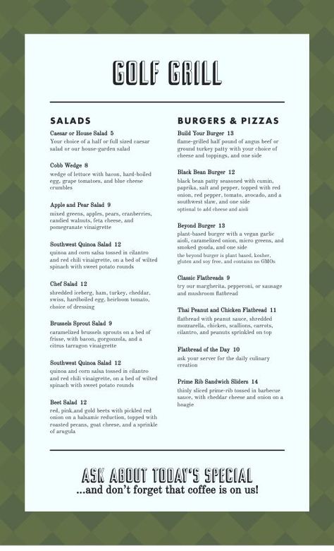 Country Club Golf Grill Menu Design Template by MustHaveMenus Golf Course Menu Ideas, Lunch Menu Design, Golf Bar, Public Restaurant, Golf House, Menu Maker, Grilled Salad, Club Activities, Grilling Menu