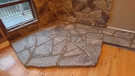 Flagstone Hearth Wood Stove, Wood Stove Stone Wall, Hearth For Wood Stove, Woodstove Hearths, Flagstone Hearth, Ledge Stone Fireplace, Interior Fireplace, Wood Stove Hearth, Stone Veneer Fireplace