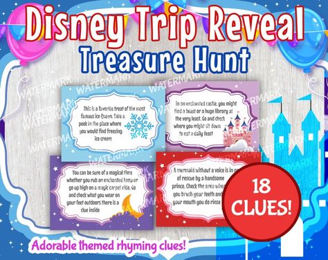 Disney Trip Reveal Scavenger Hunt Disney Trip Reveal Treasure | Etsy Surprise Trip Reveal Ideas Kids, Trip Reveal Scavenger Hunt, Disney Trip Reveal, Surprise Trip Reveal, Disney Trip Surprise, Disney Reveal, Clue Cards, Disney Surprise, Disney Countdown