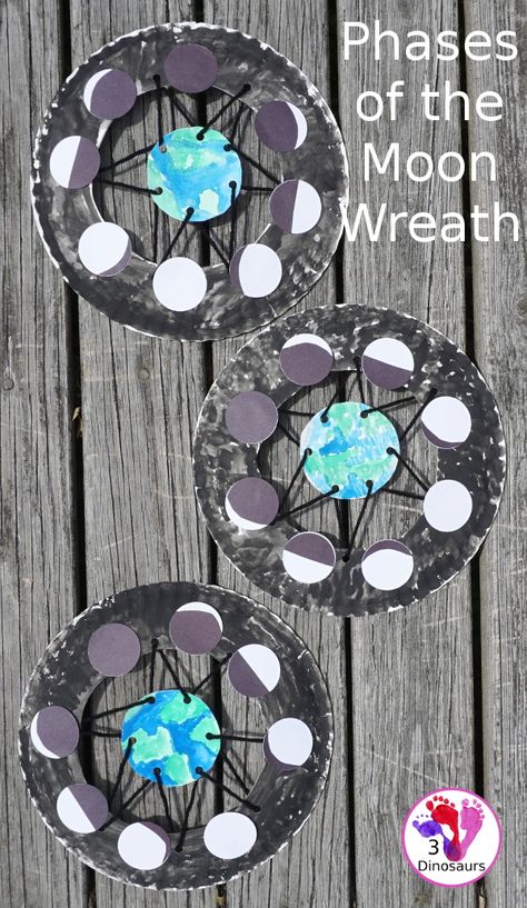 Easy to Make Phases Of the Moon Wreath | 3 Dinosaurs Outer Space Crafts, Space Activities For Kids, Moon Activities, Space Lessons, Space Preschool, Space Crafts For Kids, Moon Wreath, Moon Crafts, Space Activities