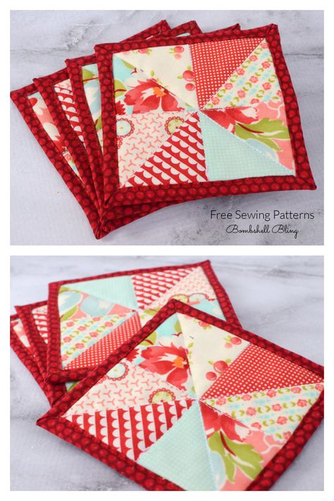 Scrap Fabric Patchwork Coasters Free Sewing Tutorial Mug Rug Sewing Patterns Free, Jelly Roll Coasters, Diy Sewing Coasters, Coaster Sewing Patterns Free, Quilted Trivet Pattern, Fabric Coasters Tutorial, Patchwork Coasters Free Pattern, Scrap Fabric Coasters, Diy Quilted Coasters