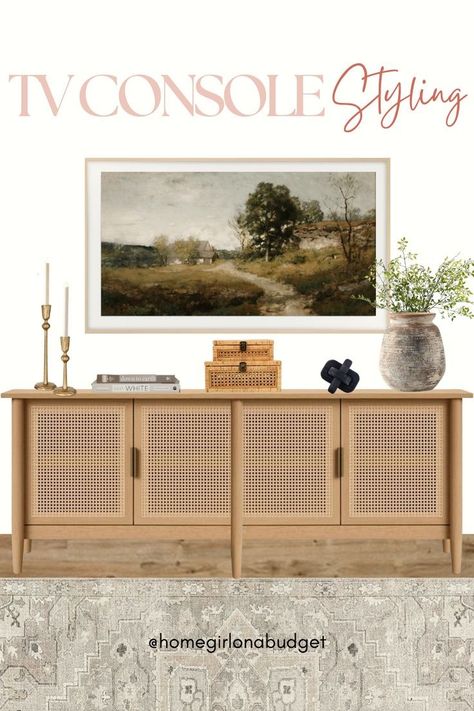 Tv Console Table Decorating, Under Tv Console, Console Table Under Tv, Tv Console Styling, Under Tv Decor, Decor Under Tv, Tv Console Decorating, Transitional Farmhouse Decor, Tv Console Decor