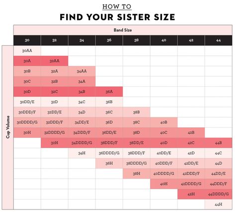 how to measure bra size - sister size chart Sister Bra Size Chart, Sister Sizes Bra Chart, How To Measure Bra Size, Cup Measurement Chart, Cup Size Chart, Bra Chart, Bra Size Chart, Measure Bra Size, Full Bra