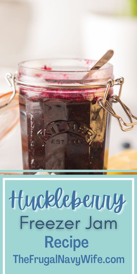 The sweetness of the berries, combined with the delicious jamminess makes this huckleberry freezer jam so divine! #huckleberry #freezerjam #canningrecipes #frugalnavywife #breakfast | Huckleberry Freezer Jam | Easy Recipes | Canning | Breakfast | Canning Recipes | Best Huckleberry Recipes, Keto Huckleberry Recipes, Huckleberry Sauce, How To Freeze Huckleberries, Huckleberry Canning Recipes, Huckleberry Freezer Jam Recipe, Huckleberry Jam Recipe Canning, Huckleberry Jam Recipe, Huckleberry Breakfast Recipes