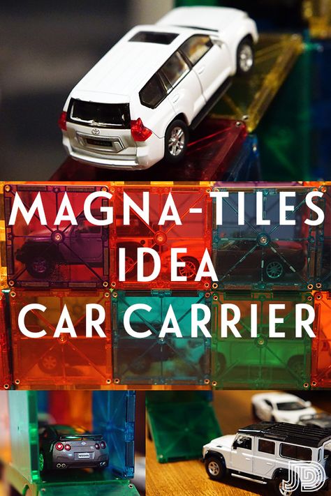 Magna-Tiles Idea: Car Carrier Magna Tile Car Ideas, Magnatile Builds, Magna Tiles Ideas For Kids, Magnatiles Ideas, Kids Garage, Magnet Tiles, Magna Tiles, Tile Steps, Building A Garage