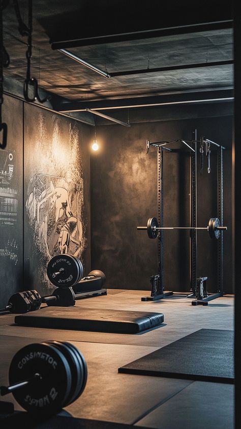 Unleash your inner Scorpio 🦂 with an intense CrossFit gym setup! Embrace industrial vibes with heavy-duty equipment and powerful motivational wall art. Dive into your workouts under dramatic lighting, transforming your space into a powerhouse of determination and strength. 💪✨ #FitnessGoals Home Gym Dark, Gym Design Interior Industrial, Warehouse Gym Design, Black Gym Interior, Home Crossfit Gym, Industrial Gym, Barn Gym, Dark Gym, Gym Background