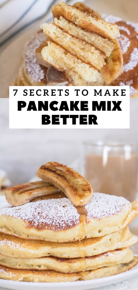 7 secrets to make boxed pancakes better + mistakes to avoid + pancake mix recipe Instant Pancakes Better, Pancake Recipe With Pancake Mix Easy, Pancakes With Mix Recipe, Pancakes From Mix Recipe, Pre Made Pancake Mix Recipe, Pancake Mix Pancakes, Best Pancakes With Bisquick, How To Spice Up Box Pancakes, Doctored Up Box Pancakes