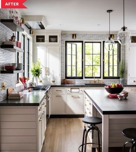 Kitchen Before and After Sarah Robertson | Kitchn Kitchen With Windows, Studio Dearborn, Dormer House, Garage Suite, Villa Kitchen, Builder Grade Kitchen, Kitchen Design Tips, Magnolia House, Townhouse Ideas