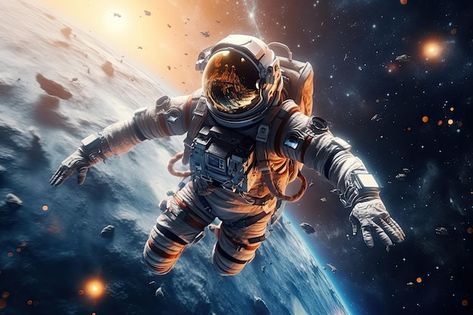 Astronaut flies in outer space planets b... | Premium Photo #Freepik #photo #space-wallpaper #cosmic-background #galaxy-wallpaper #planet-background Beautiful Nebula, Space Banner, Outer Space Planets, Nebula Galaxy, Galaxy Background, Space Planets, Astronauts In Space, Background Wallpaper, In Space