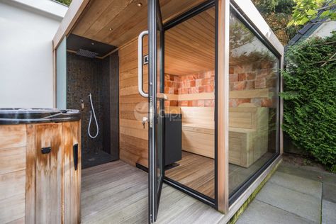 Project Outdoor Sauna + Outdoor Shower - Modern - Deck - Los Angeles - by Alpha Wellness Sensations | Houzz Sauna Shower Combo, Sauna Project, Backyard Sauna, Sauna Outdoor, Sauna Shower, Modern Deck, Pool Shower, Outdoor Sauna, Steam Room