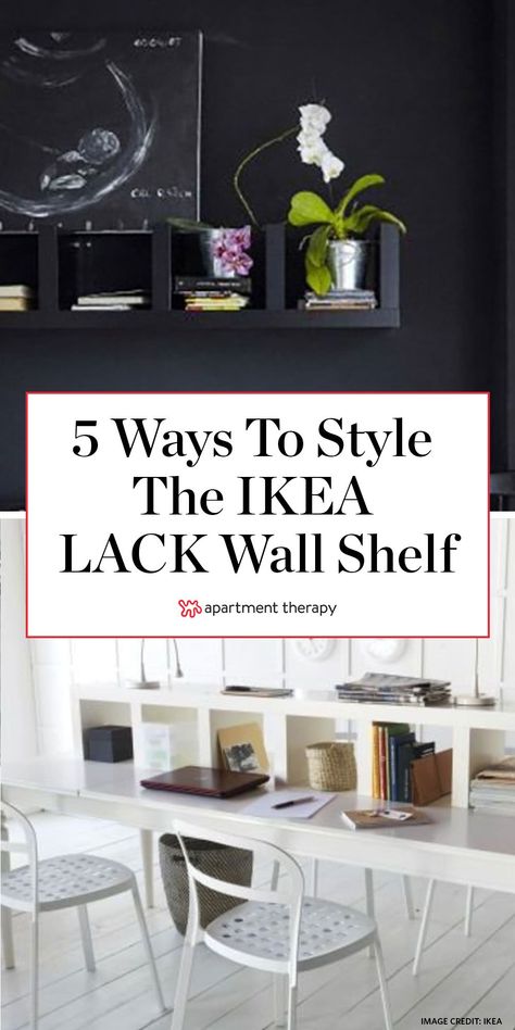 The IKEA LACK wall shelf is a much more versatile piece than you might think. By twisting and turning and stacking it, you can put this $49 shelf to work in your home in myriad ways. #shelfideas #ikeahacks #ikeashelves #shelving #shelfideas #shelvingideas #storageideas #storagetips #smartstorage #diyideas Diy Lack Wall Shelf Unit, Ikea Shelf Lack, Lack Ikea Wall Shelf, Ikea Lack Shelf Ideas, Shelf Tv Wall, Black Wall Shelves Ikea, Ikea Lack Shelf, Lack Wall Shelf, Ikea Lack Hack