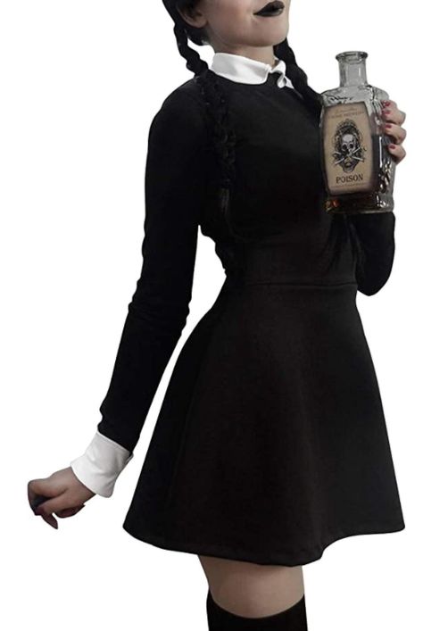 Halloween Costume Addams Family Wednesday Dress Pugsley Costume Off Shoulder Party Dresses #Halloween #Costume #AdamsFamily Addams Family Halloween Costumes, Wednesday Costume, Wednesday Addams Costume, Wednesday Dress, Addams Family Costumes, Very Short Dress, Black Halloween Dress, Fantasias Halloween, Family Costumes