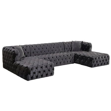 Glam Black Velvet Button Tufted Sectional Sofa COCO 676Black Meridian Modern The Offer Includes : Modular Sectional Sofa ONLY The COCO velvet sectional collection is a beautiful transitional, glam piece that can be used in different design settings; glam, transitional and contemporary. The COCO Sectional Sofa is wrapped in a soft velvet upholstery, featuring elegant upholstery tufts that add a look of refinement to this wonderful seating option. Host your friends and guests comfortably with this Modern Sectional Sofas Velvet, Tufted Black Sofa, Black Velvet Sofa The Home Depot, Black Velvet Corner Sofa, Oversized Chaise Lounge, Tufted Sectional Sofa, Black Tuffed Couches Living Rooms, Tufted Couch, U Shaped Sectional Sofa