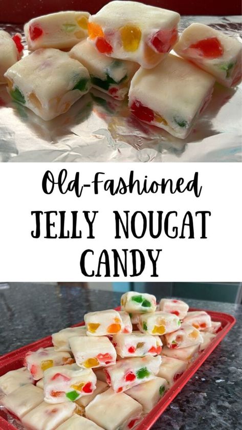 Old-Fashioned Jelly Nougat Candy Old Fashioned Soft Carmels, Jello Divinity Candy Recipe, White Nugget Candy, Nougat Candy With Dots, Cherry Nougat Candy, Fruity Gumdrop Nougat Candy, Jelly Nugget Candy, Dots Nougat Candy, Quick Candy Recipes Simple