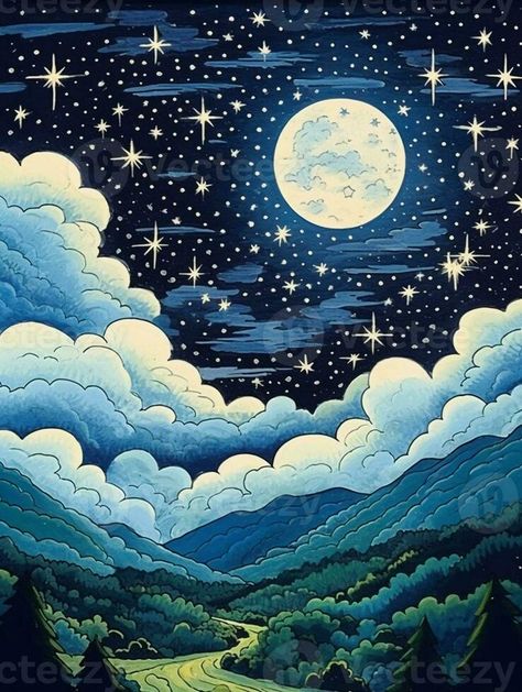 illustration of a moonlit night, with stars twinkling in the sky and clouds. AI generative Night Sky Illustration, Moon With Clouds, Mystic Illustration, Night Clouds, Cloud Illustration, Night Illustration, Moonlit Sky, Moonlit Night, Cloud Drawing