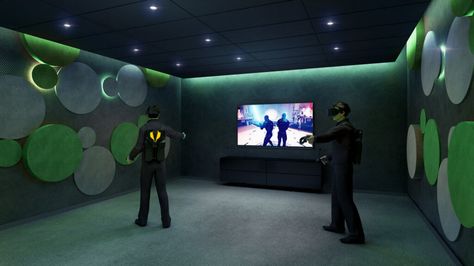 VR room setup with spectator monitor/s Vr Gaming Room, Gaming Room Ideas, Vr Room, Gaming Lounge, Vr Gaming, Factory Interior, Public Space Design, Architect Design House, Gaming Room Setup