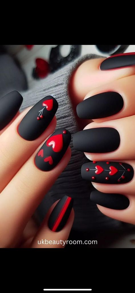 Nails With Black Hearts, Red White And Black Nails, White And Black Nails, Nails With Black, Maroon Nails, Black Hearts, Black Heart, Holiday Nails, Black Nails