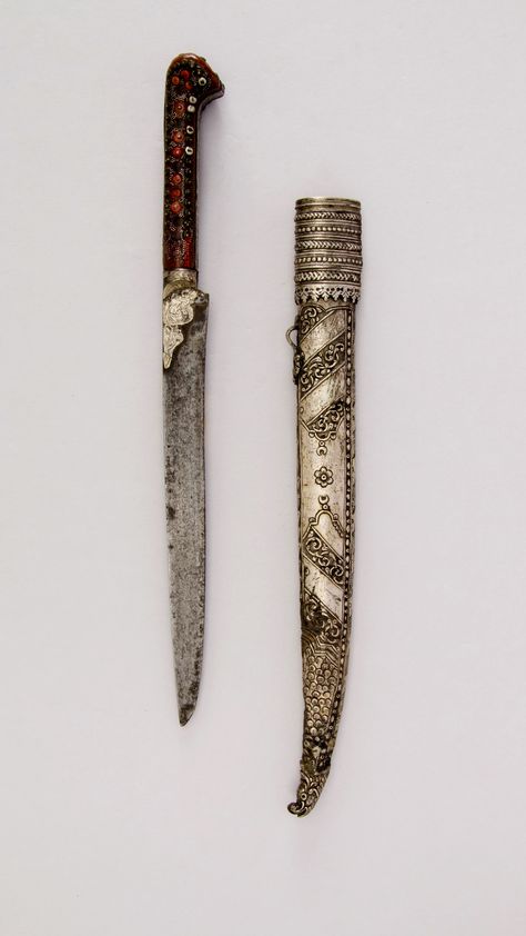 Turkish Knife with Sheath made of steel, silver, coral, brass and wood; 19th century. Metal Artworks, Rules Of Engagement, Pretty Knives, Dagger Knife, Knife Art, Cool Knives, Ottoman Empire, Metal Artwork, Middle Eastern