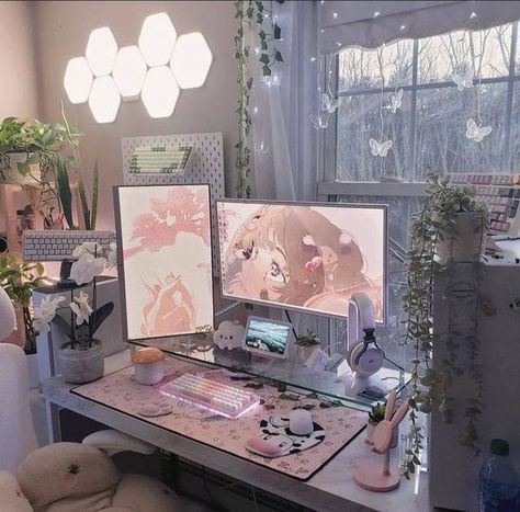 Compilation of Cute and Aesthetic desk makeover ideas. Get ideas to make your desk area the most aesthetic possible 😍✨ (Link in Image 🔗✨). * * * * Disclaimer: *** Images are not mine. Credit in descriptions if known. All the credit goes to the picture owner. Thanks ❤️❤️ *** Bedroom With Pc Setup, His And Hers Pc Setup, Cherry Blossom Pc Setup, Ikea Gaming Setup, Computer Set Up Aesthetic, Gaming Desk Setup Girl, Gaming Room Setup Girl, Anime Gamer Room, Pc Set Up Aesthetic