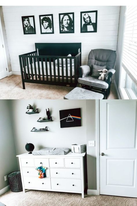 Nursery Ideas Rock N Roll, Classic Rock Themed Nursery, Rock Music Nursery, Music Themed Nursery Vintage, Classic Rock Nursery, Rock N Roll Nursery Boys, Rock Nursery Theme, Edgy Nursery Ideas, Music Inspired Nursery