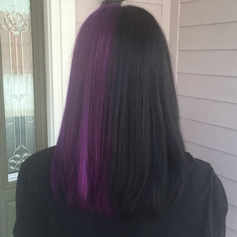 Awesome half and Half hair! Pravana vivids violet and black! Purple vibes  Plano Texas Half And Half Purple And Black Hair, Half Brown Half Purple Hair Split, Split Dyed Hair Purple And Black, Half Black Half Purple Hair Split, Black And Purple Split Dye, Half Black Half Purple Hair, Half Purple Half Black Hair, Hair Split Dye, Half Dyed Hair