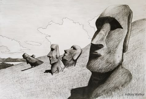 Easter Island Drawing, Moai Drawing, Pen Hatching, Faces Abstract, Easter Island Statues, Start Sketching, Woodburning Ideas, Interesting Drawings, Creepy Drawings