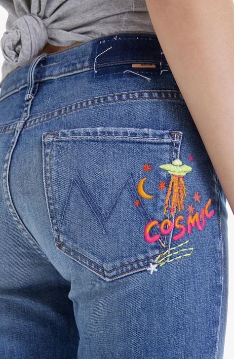 Cosmic Embroidery, Clothes Embroidery Diy, Frayed Hem Jeans, Fashion Themes, Clothes Diy, Embroidery On Clothes, Hem Jeans, Embroidered Clothes, Fresh Look