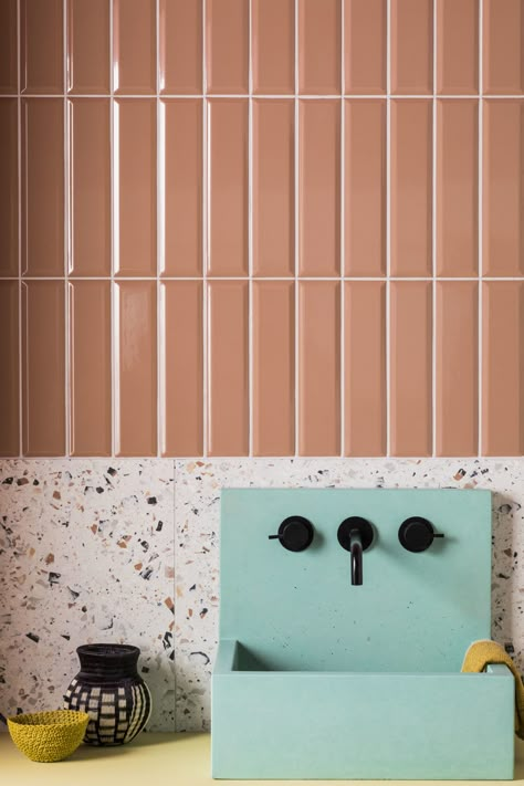 Norse Subway Terra Gloss Ceramic Tiles | Mandarin Stone Bathroom Terrazzo, Design Interior Baie, Mandarin Stone, Terrazzo Tile, Bad Inspiration, Tile Trends, Steam Showers Bathroom, Decor Baie, Tile Stores