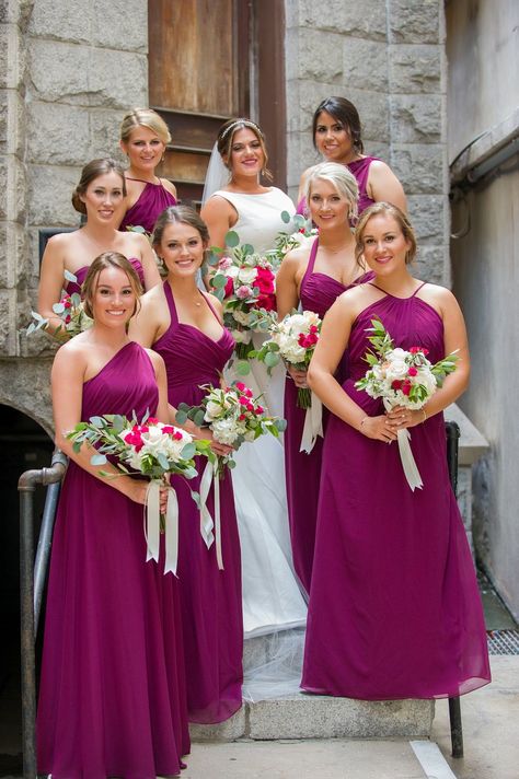 Outdoor Church Steps Bridal Party Portrait with Magenta and White Rose with Greenery and Ribbon Bouquets, Bridesmaids in Mismatched Mauve Dresses | Tampa Bay Wedding Photographer Andi Diamond Photography Mauve And Fuschia Wedding, Magenta Bridesmaids Dresses, Bridesmaid Dresses Magenta, Sangria Wedding Colors, Magenta Bridesmaid Dresses, Ribbon Bouquets, Sangria Bridesmaid Dresses, Fuschia Bridesmaid Dresses, Raspberry Bridesmaid Dresses