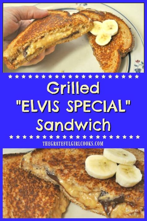 A Grilled "Elvis Special" Sandwich is a hunk, a hunk of burnin' love! Peanut butter, banana, and chocolate cooked on buttered bread would even make Elvis proud! via @gratefuljb Elvis Presley Sandwich Recipe, Peanut Butter Banana Sandwich Grilled, Fried Peanut Butter Sandwich, Grilled Peanut Butter And Banana, Elvis Peanut Butter And Banana Sandwich, Elvis Sandwich Peanut Butter Banana, Elvis Food Ideas, Honey Banana Grilled Cheese Sandwich, Banana Peanut Butter Sandwich