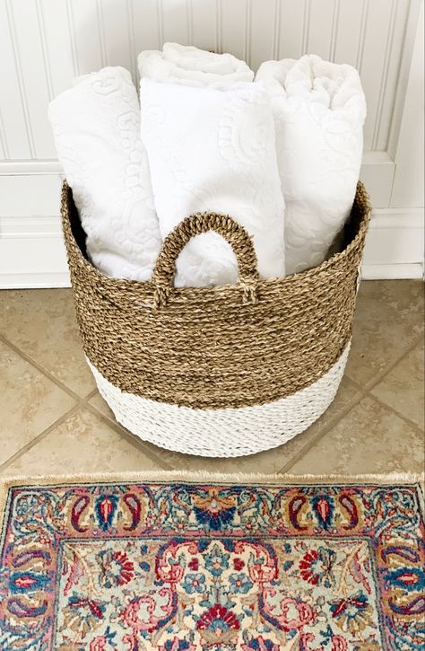 Here is a bathroom addition that anyone can create. It’s perfect for a guest bathroom for quick access to comfy towels.    #guestbathroom #bathroom #bathroomdecor #guestroom #towel #basket #storage #merzelifestyle Towel Basket Bathroom, Apartment 2023, Diy Bathroom Design, Towel Basket, Basket Bathroom, Service Packages, Bathroom Addition, Bathroom Inspiration Modern, Towel Holder Bathroom