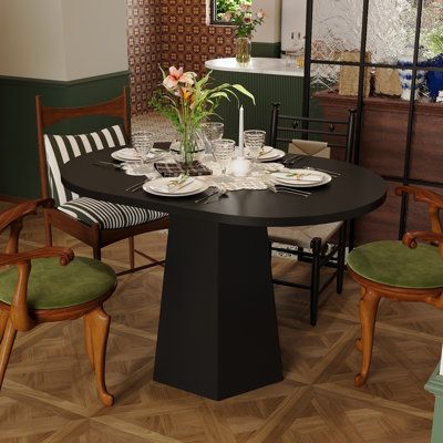 4 Seat Pedestal Kitchen & Dining Tables You'll Love | Wayfair Black Oval Dining Table, Dining Table For Small Spaces, Oval Desk, Dining Table Elegant, Coffee Table Stand, Glass Top Desk, Elegant Centerpiece, Oval Dining Table, Home Office Furniture Desk