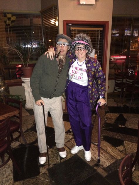 My husband and I as an old couple for Halloween! Everyone loved it! p.s. all thrift store clothing! Old People Costume, Granny Costume, Grandma Costume, Old Halloween Costumes, Funny Couple Costumes, Old Lady Costume, Best Couples Costumes, Twin Halloween Costumes, Old Couple