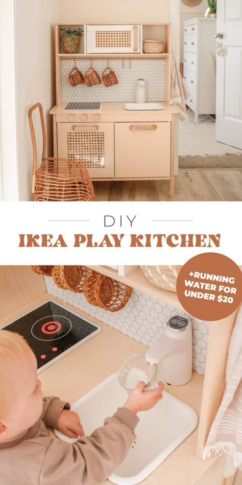 Anthro Kitchen, Ikea Toy Kitchen Hack, Ikea Kids Kitchen Hack, Ikea Kitchen Diy, Ikea Toy Kitchen, Ikea Custom, Play Kitchen Diy, Ikea Montessori, Play Kitchen Hack