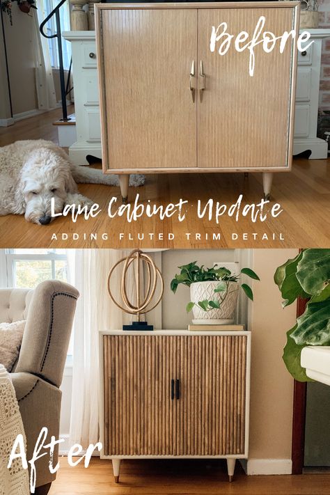 Adding a Stained Fluted Trim Detail To Update this Mid Century Modern Lane Cabinet Diy Mid Century Modern Decor, Fluted Trim, Mid Century Modern Vanity, Diy Mid Century Modern, Mid Century Modern Cabinets, Diy Modern Furniture, Mid Century Cabinet, Mid Century Modern Dresser, Home Decor Hooks