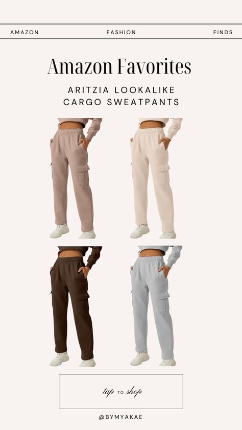 A selection of cargo sweatpants in chic neutral tones, paired with white sneakers. A “tap to shop” prompt, and the user handle “@BYMYAKAE.” Amazon Sweatpants, Cargo Sweatpants Outfit, Amazon Outfit Ideas, Amazon Pants, Amazon Fashion Finds, Cargo Sweatpants, Sweatpants Outfit, Chunky Knits, Best Amazon