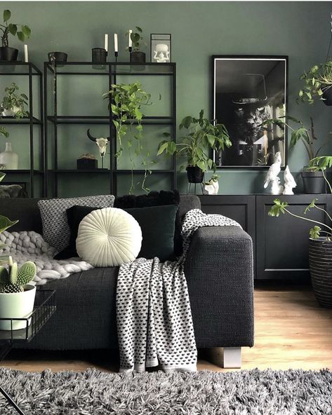 Black And Dark Green Home Decor, Green And Grey Home Decor, Green Wall Living Room Black Furniture, Black And White Living Room With Green Accent, Black White And Green Interior Design, Black White Grey Green Interior, Sage Black Living Room, Dark Green And Charcoal Living Room, Green And Black House Aesthetic