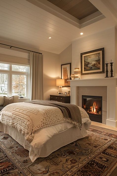 Fireplace Master Bed, Primary Bedroom With Fireplace, Bedroom With Fireplace Ideas, Fireplace In Bedroom, Master Fireplace, Bed Layering, Bedroom Fireplace Ideas, Adding A Fireplace, Bedroom With Fireplace