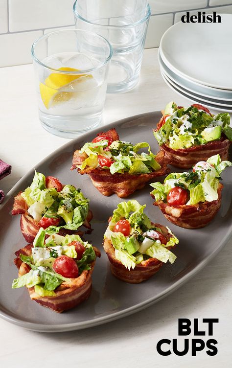 These lighter BLTs skip the bread and put major emphasis on the bacon. #mini #appetizers #keto #easy Blt Cups, Low Carb Blt, Shower Appetizers, Cheese Cups, Cherry Tomato Recipes, Tin Recipes, Muffin Tin Recipes, Summer Appetizer, Healthy Work Snacks