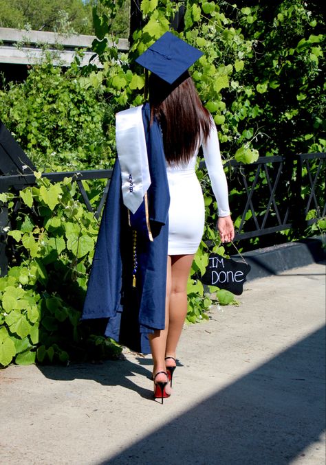 Graduation Outfit Ideas Blue Cap And Gown, Graduation Dress With Blue Cap And Gown, Blue Graduation Outfit Ideas, Navy Blue Graduation Gown And Cap, Royal Blue Cap And Gown Graduation, Navy Blue Cap And Gown Graduation Outfit, Graduation Photos Outfit Ideas, Blue Graduation Gown Outfits, Graduation Dress Cap And Gown