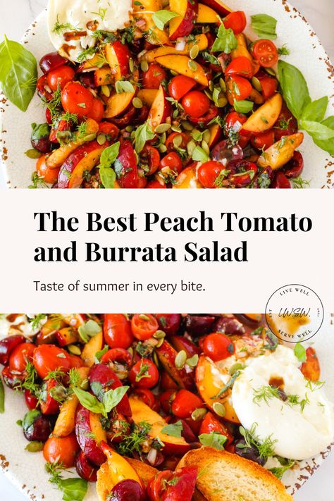 Summer is here and The Best Peach Tomato and Burrata Salad is a must on your menu to enjoy. Fresh juicy peaches, cherries and tomatoes topped with creamy burrata cheese, and a garlicky honey infused vinegarette is a taste of summer in every bite. Garlic Kale, Burrata Salad, Strawberry Salad, Wellness Recipes, Light Lunch, Grilled Meat, Salad Ingredients, Fresh Vegetables, Summer Salads