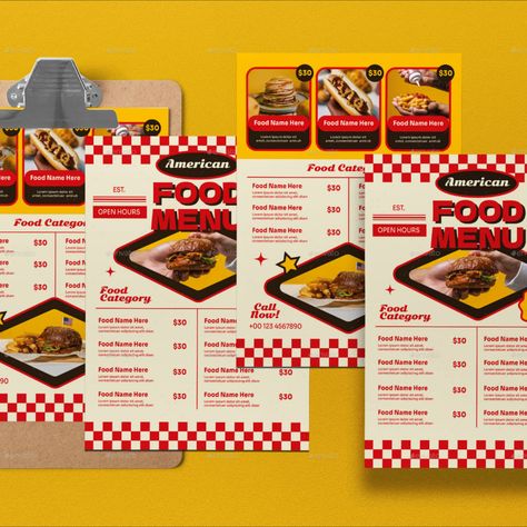 Red Retro American Food Men American Menu Design, Diner Menu Design, Retro Menu Design, Retro Restaurant Design, Burger Menu Design, American Diner Food, Retro Design Graphic, Menu Design Ideas, Menu Design Layout