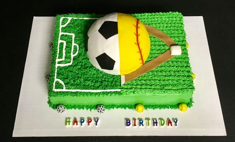 Half soccer, half softball cake. When you can't decide, choose both!! Soccer Baseball Cake, Soccer And Baseball Cake, Half Way To First, Softball Birthday Cakes, Softball Cake, First Birthday Baseball, Softball Birthday, Baseball Cake, Soccer Cake