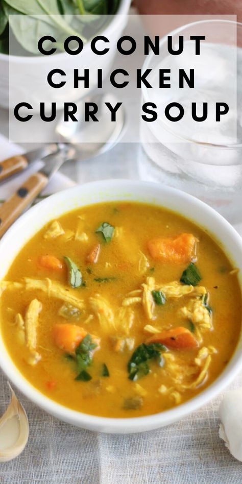 Keto Diet For Beginners Breakfast, Coconut Chicken Curry Soup, Chicken Soup With Spinach, Vegetable Curry Soup, Coconut Curry Chicken Soup, Curry Chicken Soup, Coconut Curry Chicken Recipes, Chicken Coconut Soup, Curry Soup Recipes