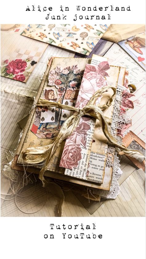 Junk journal - handmade journal Junk Journal Alice In Wonderland, Alice In Wonderland Journal Pages, Junk Journal Tutorial, Junk Journal Covers, Handmade Journals Diy, Journal Collection, Altered Book Journal, Junk Journal Ephemera, Diy Journal Books