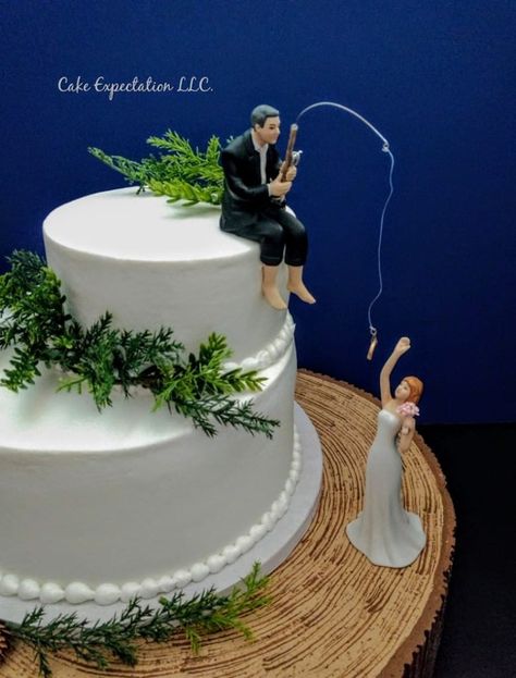 Fishing themed wedding cake Fishing Theme Wedding Cake, Fishing Wedding Ideas, Fishing Grooms Cake, Lake Wedding Cake, Fishing Wedding Cake, Grooms Cake Hunting, Swimming Wedding, Fishing Wedding Cakes, Fishing Wedding Cake Toppers