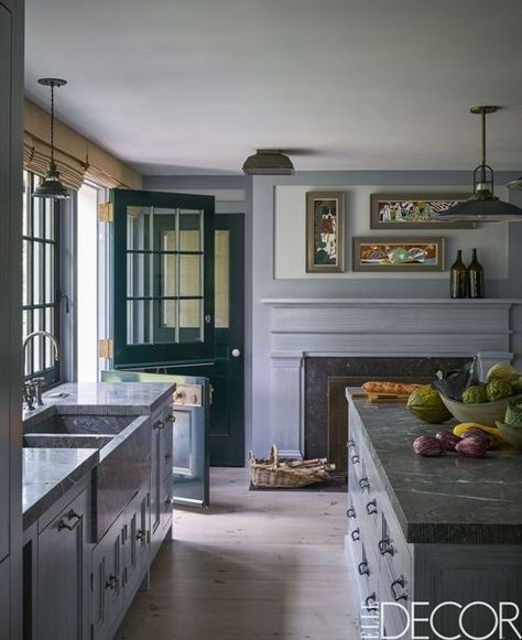 A Kitchen w/ Fireplace + Dutch Door | Content in a Cottage Decor With Grey Walls, Gray Kitchen Cabinets Wall Color, Blue Gray Kitchen, Gray Kitchen Countertops, Blue Gray Kitchen Cabinets, Kitchen Cabinet Makeover, Gray Kitchen Cabinets, Modern Grey Kitchen, Glam Pad