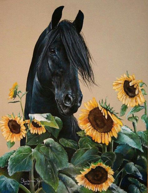 Horse Flower Drawing, Sunflower Horse, Horses In A Field Painting, Wildflowers And Wild Horses, Horse In Sunflower Field, Sidewalk Art, Spirit Animal Art, Dry Pastel, Memorial Tattoo