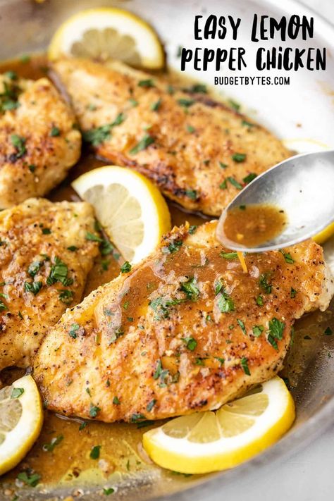 These Easy Lemon Pepper Chicken Breasts are so tender and juicy, and you'll want to spoon that delicious pan sauce over EVERYTHING. BudgetBytes.com Lemon Pepper Chicken Skillet, Chicken Breast Side Dishes, Lemon Peper Chicken, Lemon Pepper Chicken Breast Recipe, Easy Lemon Pepper Chicken, Lemon Chicken Breast Recipes, Lemon Pepper Chicken Breast, Baked Lemon Pepper Chicken, Recipes With Chicken And Peppers