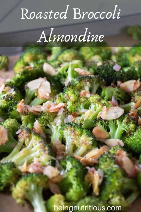 Roasted Broccoli Amandine is a unique take on an old classic. We swap the green beans for broccoli, and roast it until it's crispy, then toss it with a delicious, lemony almond topping for an easy side dish that's sure to impress! Roasted Broccoli Recipes, Brocolini Recipes, Almond Broccoli, Oven Baked Broccoli, Aip Foods, Crispy Broccoli, Heart Healthy Recipes Low Sodium, Cheesy Broccoli Casserole, Roasted Broccoli Recipe